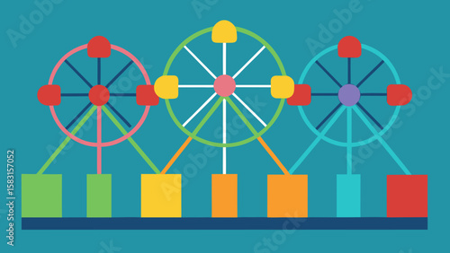 Vibrant colorful Ferris wheel cabins lined up ready for riders