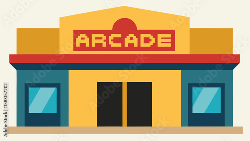 Vibrant cartoon arcade building facade adorned with bright signs
