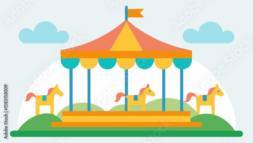 A Cute Carousel with Beautifully Painted Horses is Situated in a Sunny Park Setting