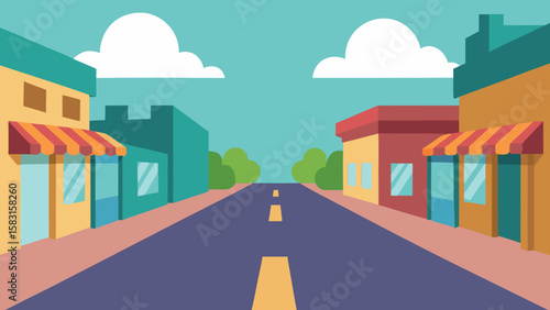 Quiet Path Through Town Lined with Cartoon Shops Vector Art