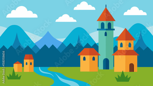 Cartoon Tower Village by a River Vector Landscape Illustration