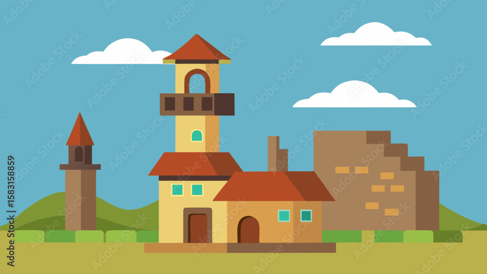 Naklejka premium Old Village Center with Cartoon Bricks and Tower Whimsical Scene