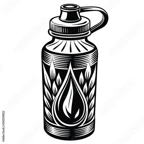 Black and white water bottle with leaf design silhouette