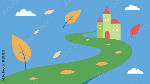 Whimsical Town Path with Floating Leaves Enchanting Scene Artwork