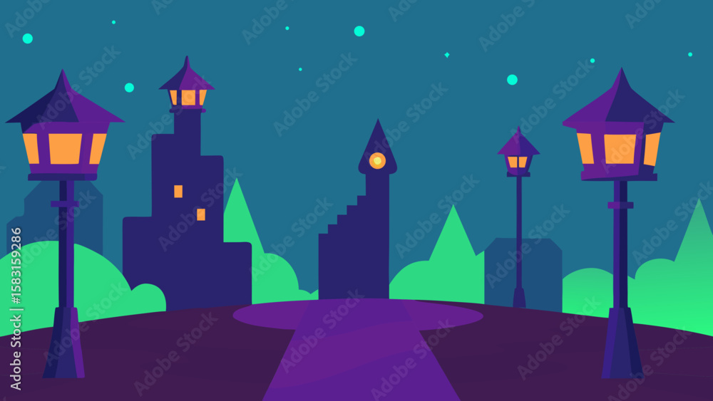 Fototapeta premium A Network of Enchanted Streets is Marked by a Series of Gently Glowing Signposts