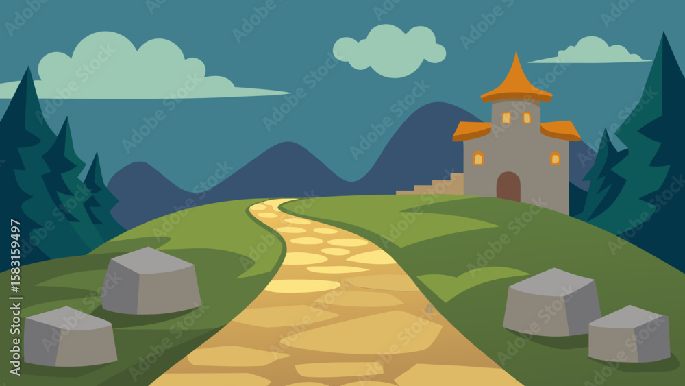 Naklejka premium A Winding Stone Path is Leading Through a Quaint and Whimsical Fantasy Village