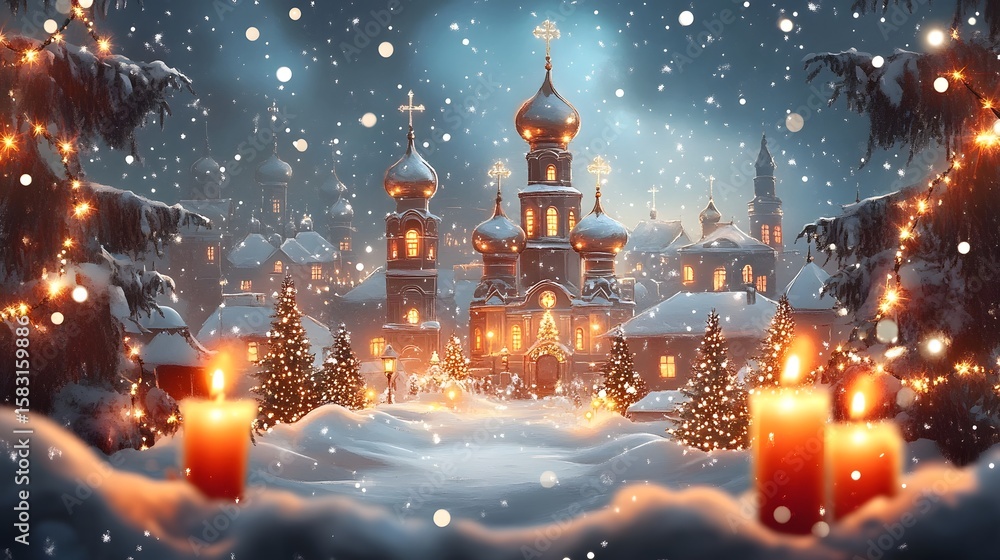 Fototapeta premium Beautifully Illuminated Russian Orthodox Church in Snowy Winter Landscape at Night