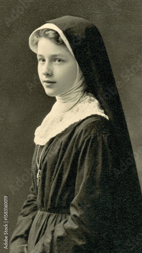 Young caucasian female nun in habit with cross necklace vintage portrait