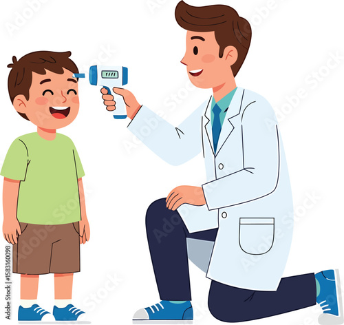 A friendly doctor measures a happy child's temperature with a digital thermometer.