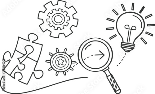 Abstract innovation concept with gears puzzle magnifying glass and lightbulb vector