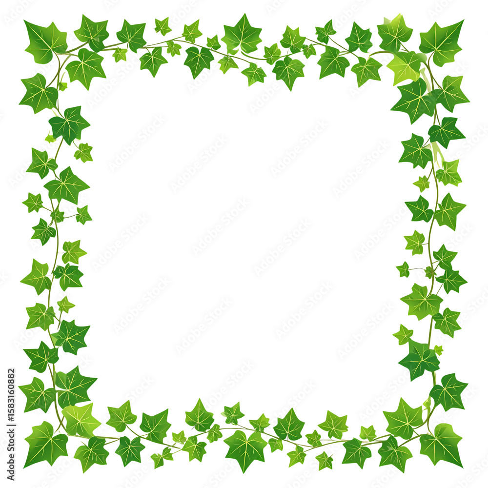 A square border formed by vibrant green ivy vines and leaves isolated on transparent background. Nature themed clipart. A square border formed by vibrant green ivy vines and leaves isolated on transparent background. Nature themed clipart.