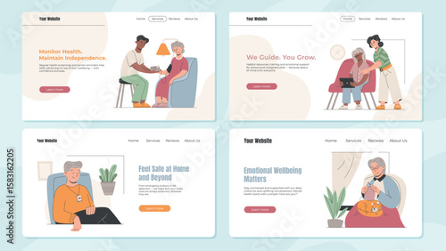 Vector set of four elderly care website landing pages. Concepts include emotional support, health monitoring, digital learning, and safety at home. Senior support services and caregiving design.