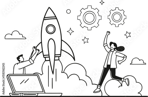 Startup Launch Rocket with Team and Gears success