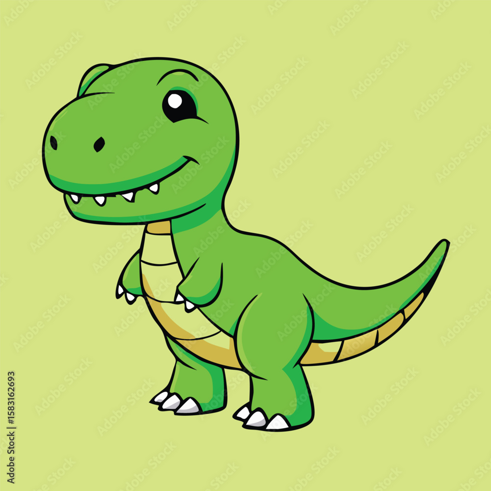 Fototapeta premium A cartoon green dinosaur is standing and smiling on a light green backdrop, transparent background