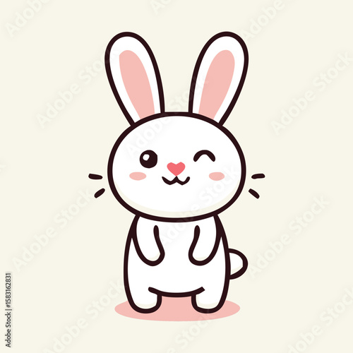 A cheerful cartoon rabbit winks with a heartshaped nose and long pink ears