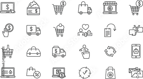 Vector art of a convenient set of online shopping icons isolated on white background, including laptops, shopping carts, delivery trucks, and payment methods