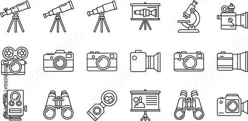Vector art of a collection of line icons depicting various optical and imaging devices, including telescopes, cameras, and microscopes, isolated on white background