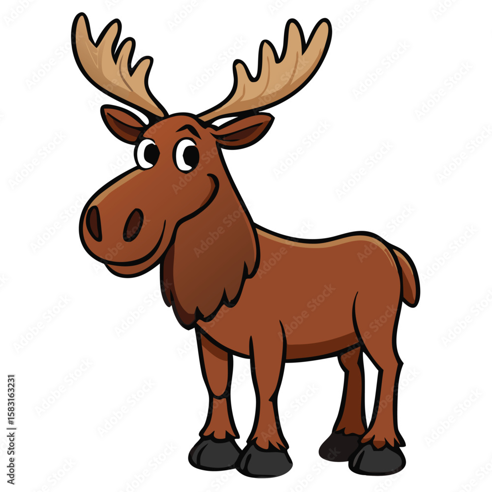 Obraz premium A cartoon moose stands smiling, exhibiting its large antlers against a pure white background