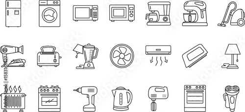 Vector art of a collection of household appliances isolated on white background, including a refrigerator, washing machine, microwave, coffee maker, vacuum cleaner, and more