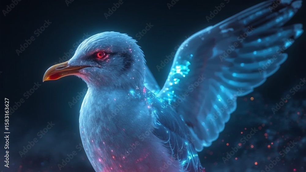 Obraz premium Seagull in Vivid Neon Colors and Cosmic Light