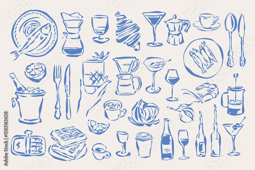 Coastal living hand drawn illustration collection. Food and beverage doodles. Art for postcards, menu, print posters, packaging design.