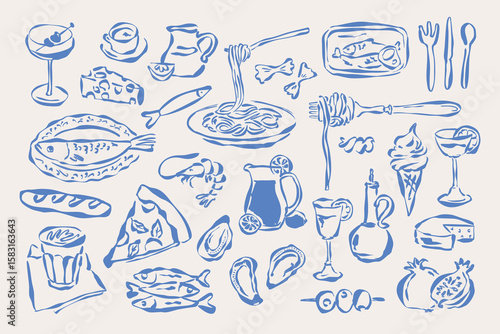 Coastal living hand drawn illustration collection. Food and beverage doodles. Art for postcards, menu, print posters, packaging design.