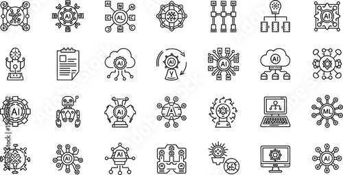 Vector art of a set of artificial intelligence icons isolated on white background, representing machine learning, neural networks, and automated systems