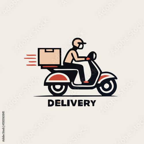 A courier with a package delivers with speed on a motor scooter in monochrome