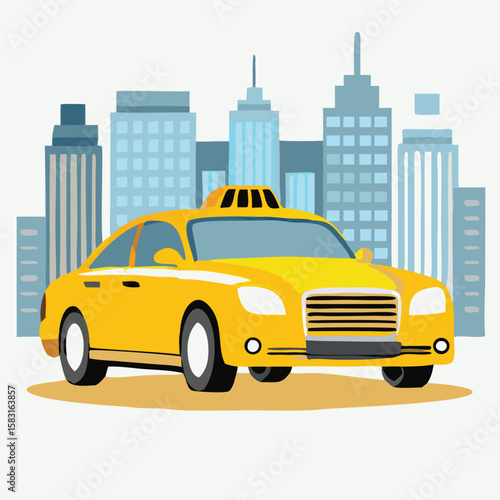 A bright yellow taxi cab is depicted against a backdrop of blue buildings