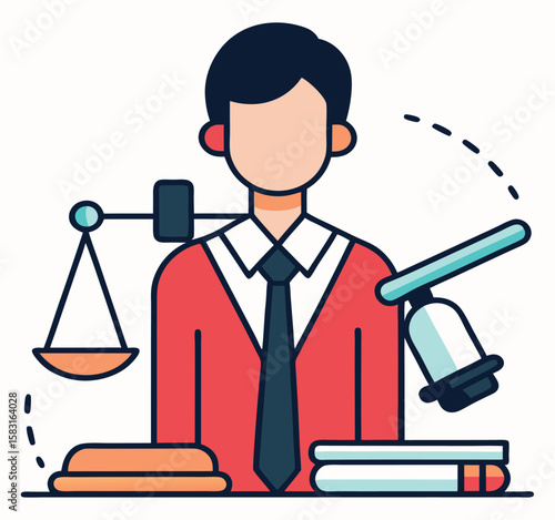 A faceless figure in a red suit stands behind judge gavel and scale symbol