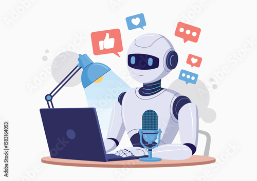 Wallpaper Mural  Robot Podcaster at Desk with Laptop and Microphone Featuring Social Media Engagement Icons Ideal for Digital Marketing and AI Communication Themes

 Torontodigital.ca