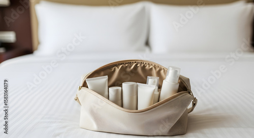Travel Toiletry Bag with Skincare Products on Bed in Hotel Room