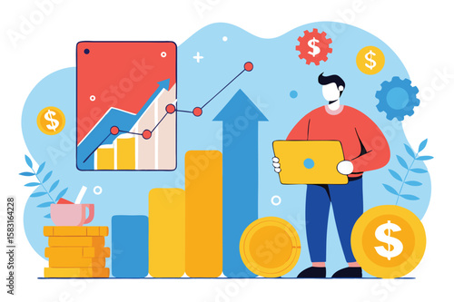 A cartoon professional demonstrates financial success with ascending graphs and coins while holding a device