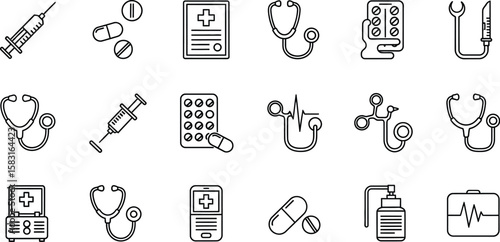 Vector art of a set of medical icons isolated on white background, depicting various healthcare tools, medications, and diagnostic equipment