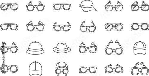 Vector art of a collection of various styles of glasses, sunglasses, caps, and hats isolated on white background, representing fashion and accessories