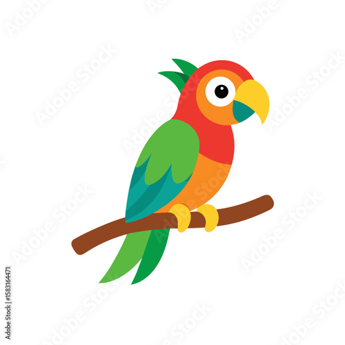 cartoon parrot perched on branch on white 