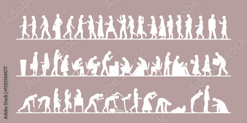 Human silhouette collection, walking and standing people, daily activity poses, lifestyle gesture silhouettes, urban characters in motion, sitting and bending actions, design figure references