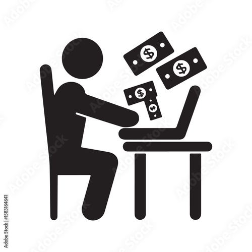 Make money online icon, pictogram of a person at a desk earning income from a laptop computer.