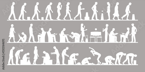 Human gesture silhouette collection, standing, walking, sitting, bending, modern lifestyle poses, figure drawing reference, people in motion, design characters, activity illustration, posture chart