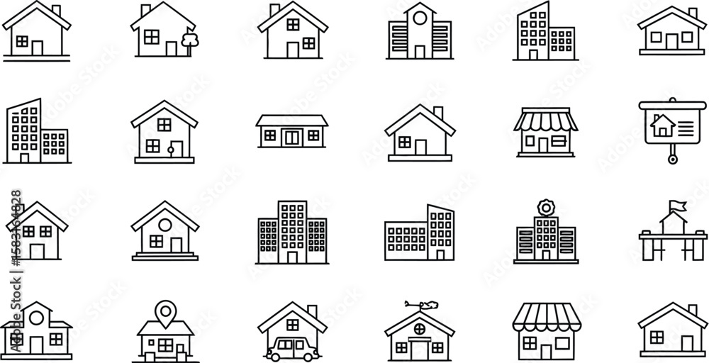 Fototapeta premium Vector art of a set of house and building icons isolated on white background, representing architecture, real estate, and urban landscapes