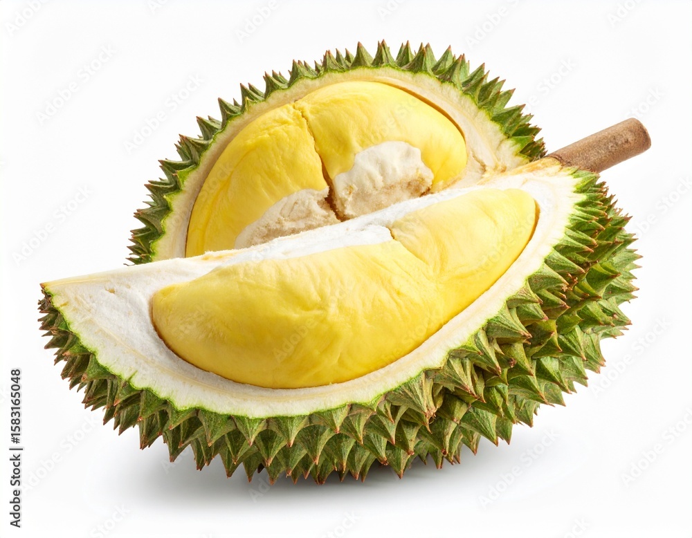 Fototapeta premium durian fruit, fresh slice, whole, white isolated background