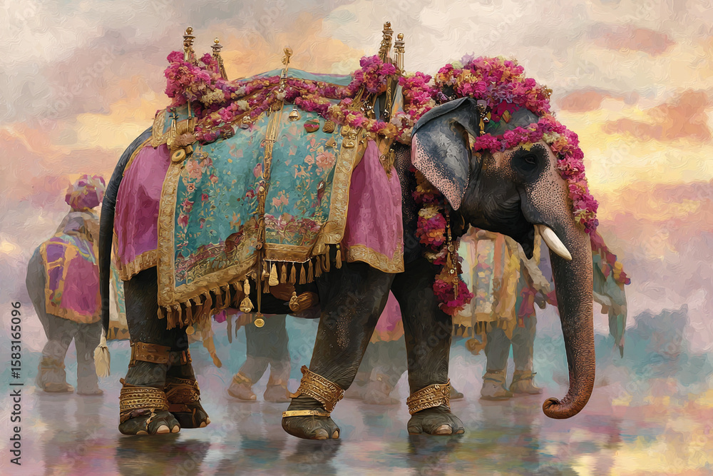 Naklejka premium Decorated Indian Elephant at Colorful Festival