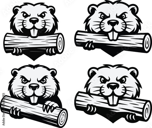 Silhouette Angry Beaver Mascot Holding Log Vector illustration