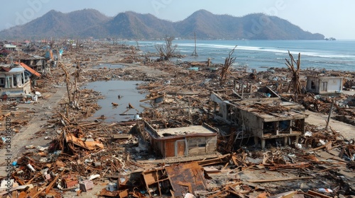 Devastated coastal town after natural disaster with debris and ruined structures
