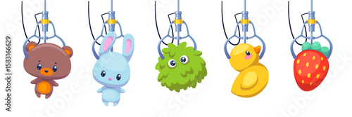 Retro toy grabber machine. Cartoon crane arms with plush cute animals, funny kids game, mechanical vending automate with claw, amusement park, manipulator isolated elements, classy vector set