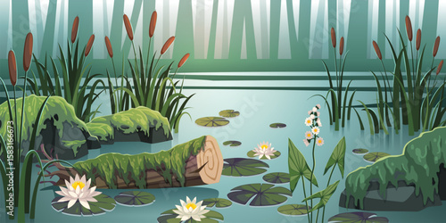 Pond landscape. Swamp, lake location with water plants, cattail, lilies and floating logs with moss, lotus and reeds, wild nature botany background, tidy vector cartoon flat isolated concept