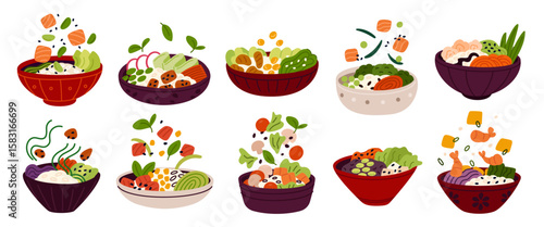Poke bowls. Combined products, balanced nutrition, mixed healthy food, fresh vegetables, rice, salmon, fish and meat pieces on plate , hawaiian menu, garish vector cartoon isolated set
