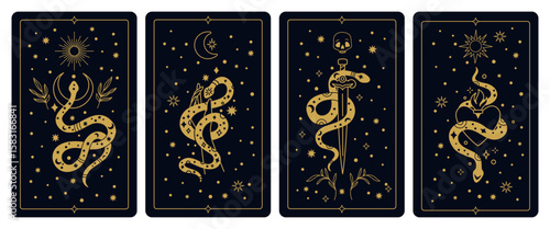 Magic snakes tarot. Mystical cards shirts design, esoteric trendy elements, notebook cover or print. Occult serpent silhouettes, spiritual symbols, gold reptiles, garish vector set