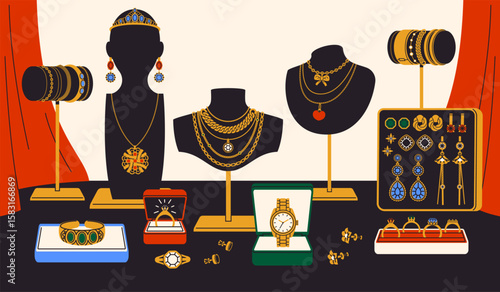 Jewelry showcase. Gold accessories store, mannequins with bijouteries, chains, pendants and earrings, gems boutique, decorative precious stones, contemporary accessory tidy vector concept