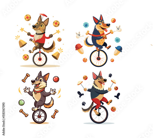 Playful German Shepherd dog riding a unicycle and juggling bones, fun pet illustration, whimsical animal vector art, cartoon style, perfect for kids and pet lovers.